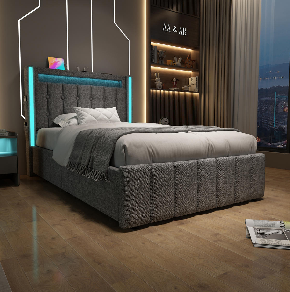 POLSTERBETT 90/200 cm Grau mit LED-Beleuchtung und USB-Anschlüssen - Grau, Textil (90/200cm) - Flora Grace