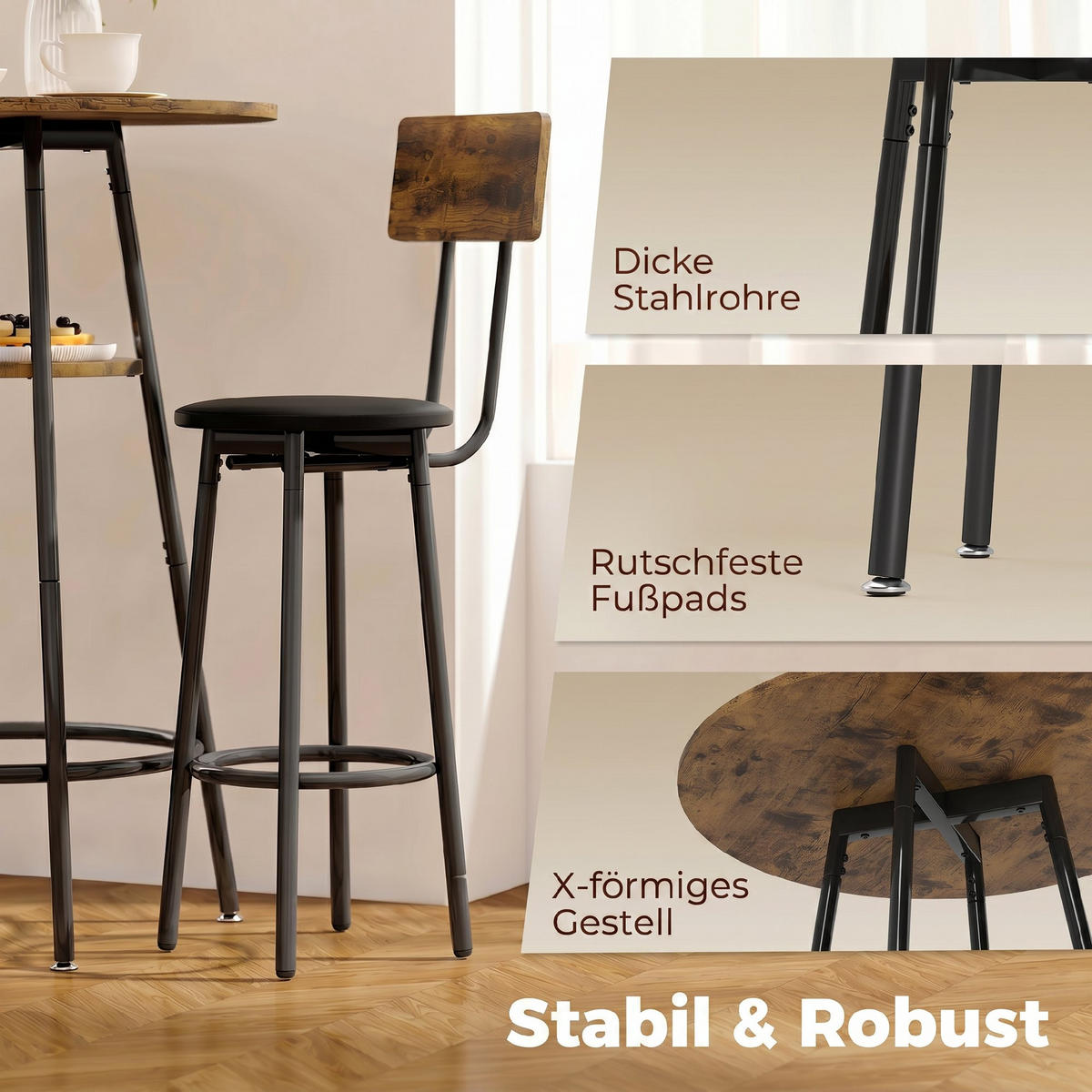 BARTISCH-SET Spanplatte Rustikal Braun - Braun, Metall (60/91/60cm) - HOMCOM
