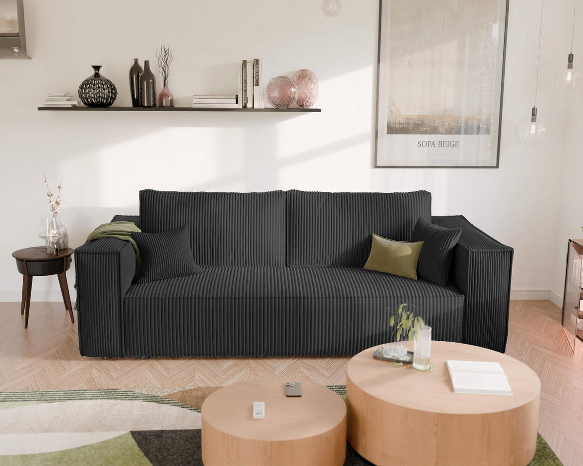 SOFA mit Schlaffunktion und Bettkasten, Schwarz - Schwarz, Holzwerkstoff/Textil (240/84/105cm) - Idohome