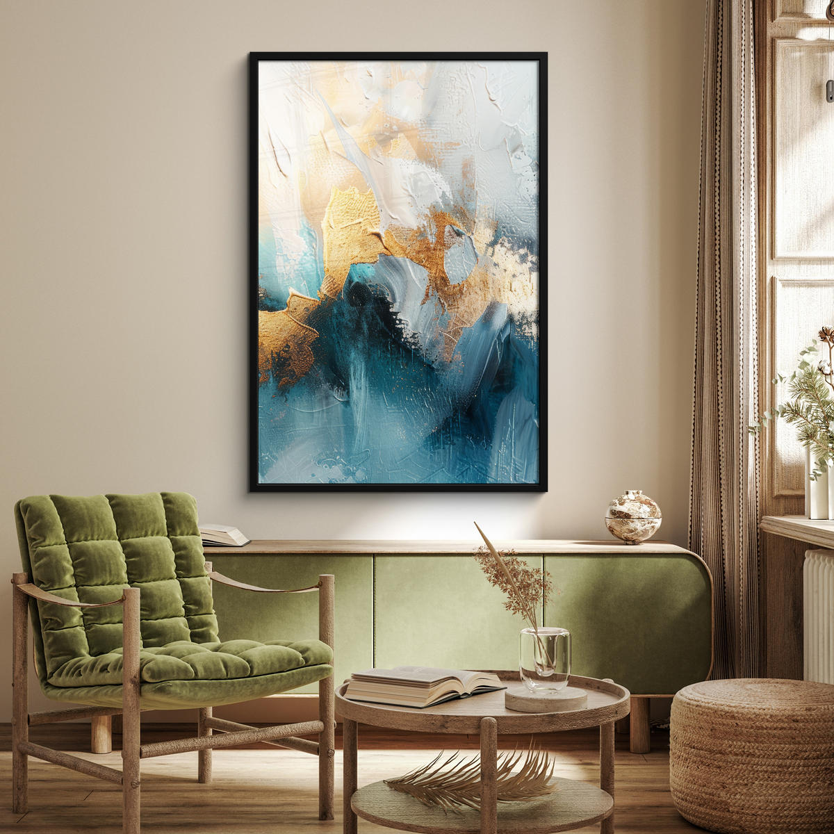 GERAHMTES BILD Abstrakt - Kunst - Gold - Blau 80x120 cm - Petrol, Papier (80/120cm) - MuchoWow