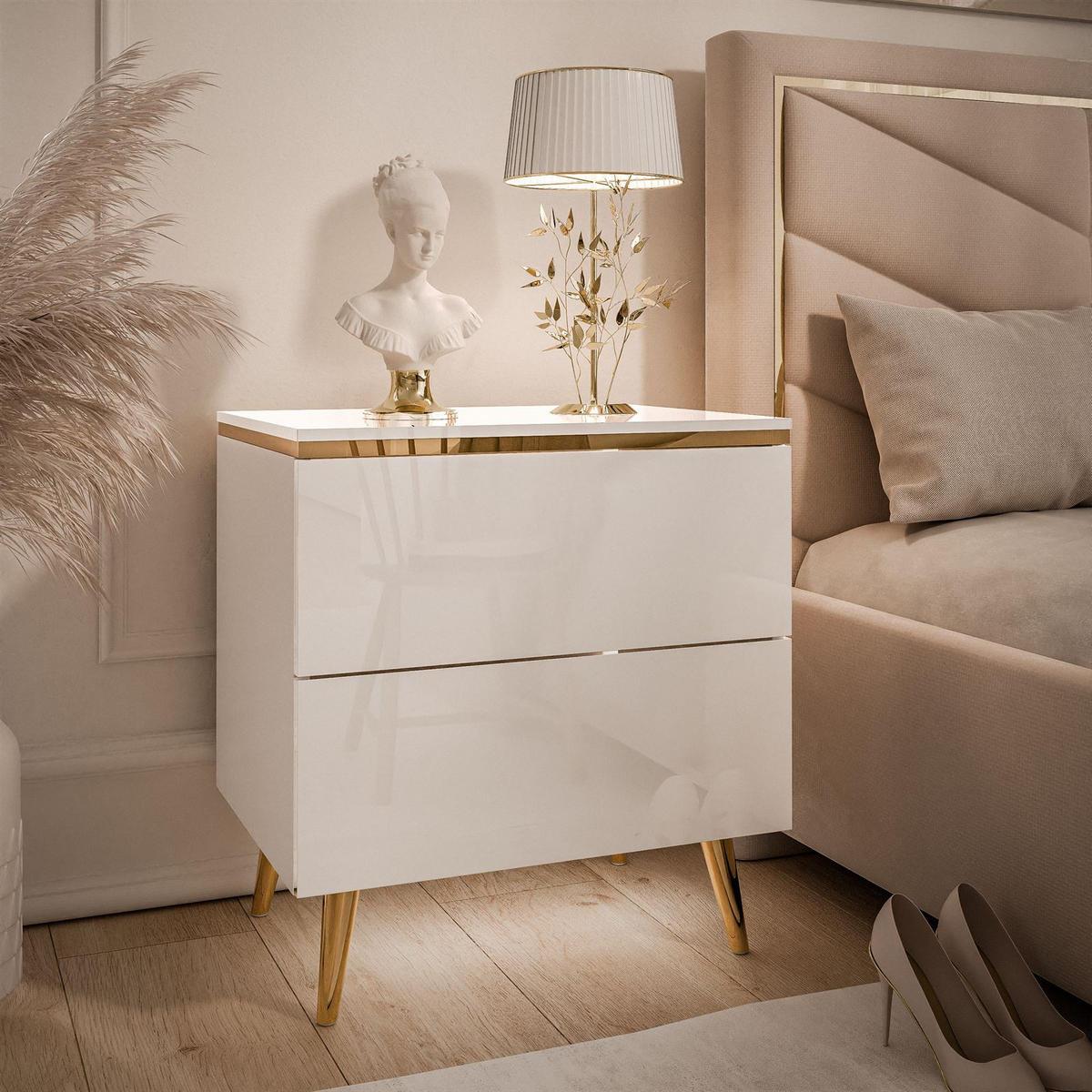 NACHTTISCH AURORA II auf schräge Gold Chrom Beine Weiß / Weiß hochglanz - Weiß Hochglanz/Goldfarben, Holzwerkstoff/Metall (50/53/37cm) - Lookway