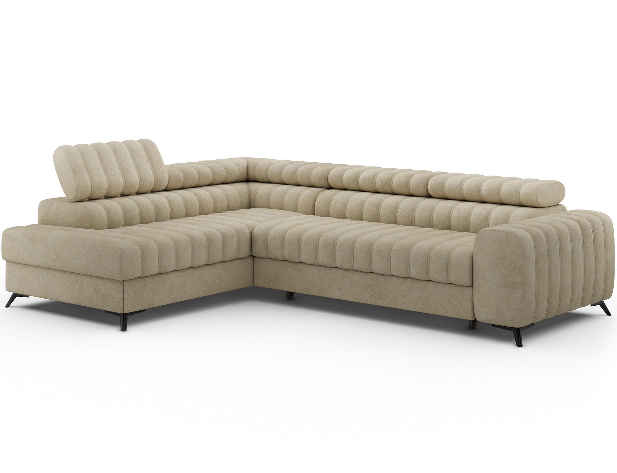 KANEDO Ecksofa mit Schlaffunktion und Bettkasten – Modernes Designsofa, verstellbare Kopfstützen, Metallfüße - Beige, Kunststoff (269/86cm) - Wohnideebilder