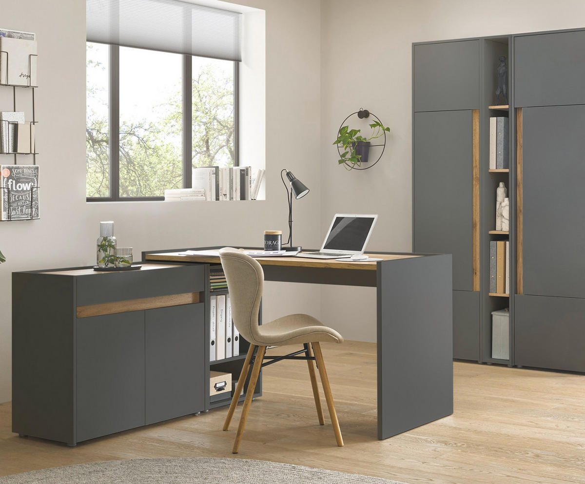 SCHREIBTISCHKOMBINATION 4-teilig grau matt, Eiche Wotan 213 cm, Büromöbel Set mit viel Stauraum - Eichefarben/Eiche Wotan, Holz/Holzwerkstoff (62/213/155cm) - Furn.Design