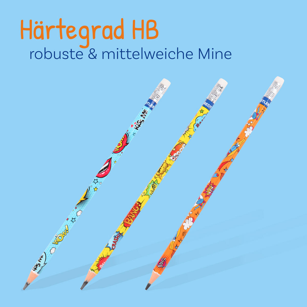 BLEISTIFT 1 x 6er Set Zeichenstifte aus Holz für Kinder und Erwachsende, Comic Design - Vorgespitzte Holzstifte mit Radiergummi zum Malen - Rot/Multicolor, Naturmaterialien (9/19cm) - Bestlivings