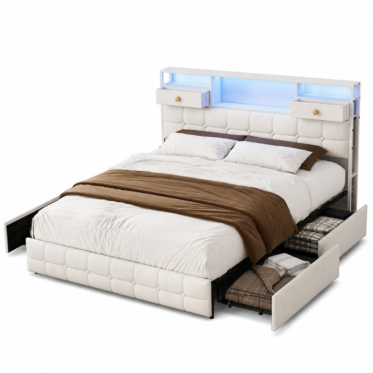 POLSTERBETT 140/200 cm mit Stauraum-Bettkasten, multifunktionales Ablagekopfteil mit Schubladen, LED & USB, Velours-Bezug - Beige, Holz/Metall (140/200cm) - Joyfair