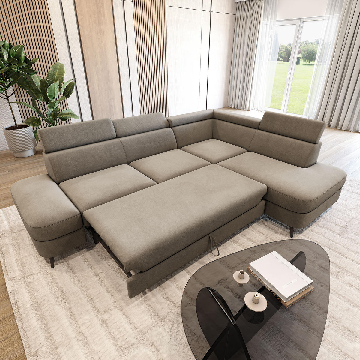 ECKSOFA AVISE MV R-S Beige Velours-Stoff mit Schlaffunktion - Beige, Holzwerkstoff/Textil (268/195cm) - MASSENO