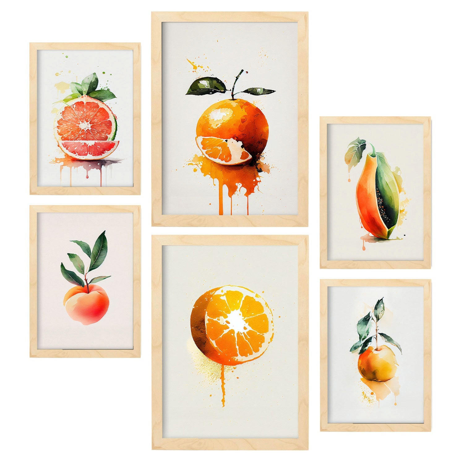 POSTER Set Mit 6 Zitrus Plakate Von Obst Gemüse & Gesunden Lebensmitteln Im Aquarell Kunst Auf Reinweißen Hintergründen A3 & A4 Rahmen Aus Hellem Holz - Beige, Papier (29/3cm) - Nacnic