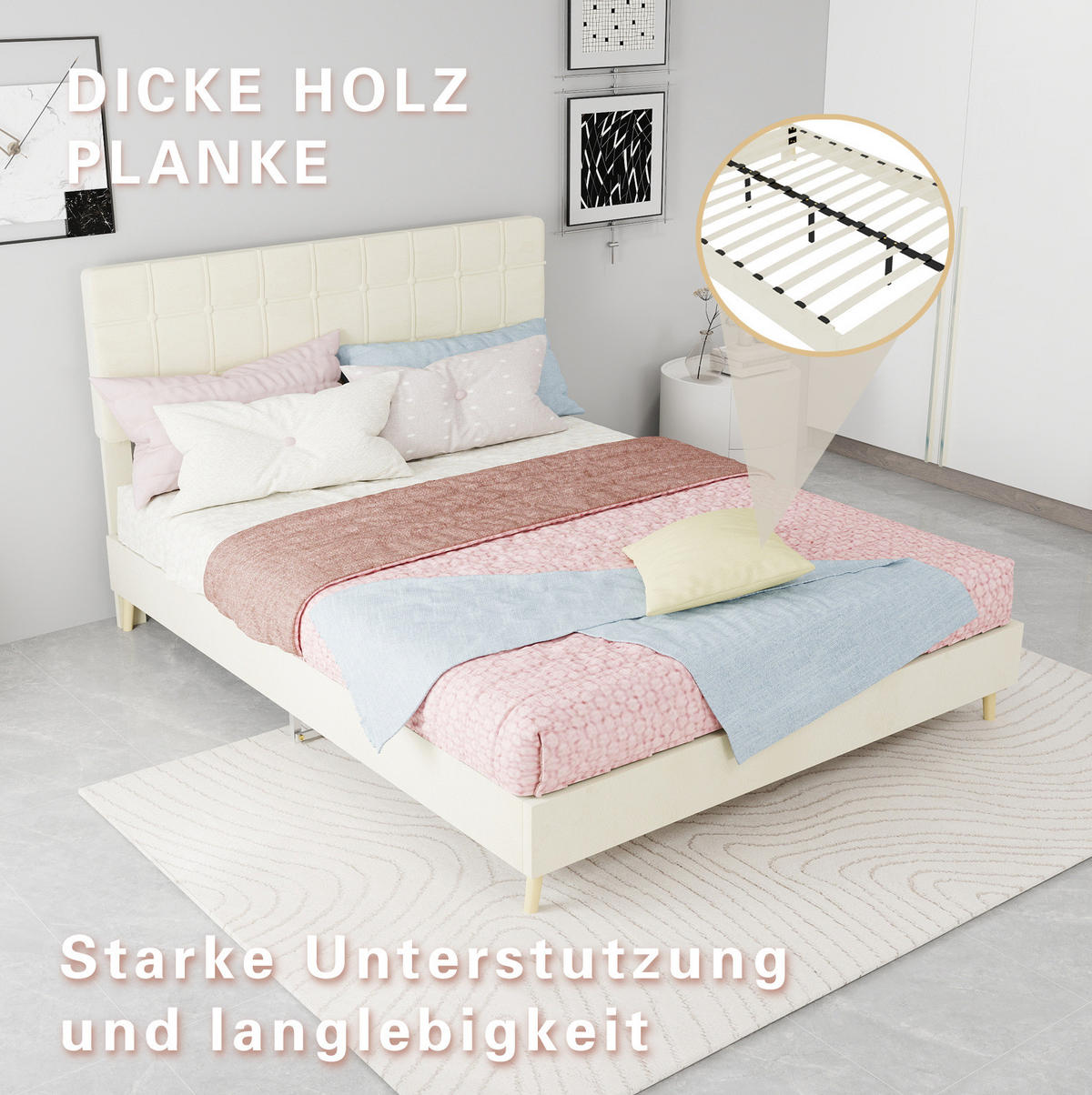 POLSTERBETT 140x200 cm in Beige mit gepolstertem Karostepp-Kopfteil inkl. Matratze - Beige, Textil (140/200cm) - IVMEU