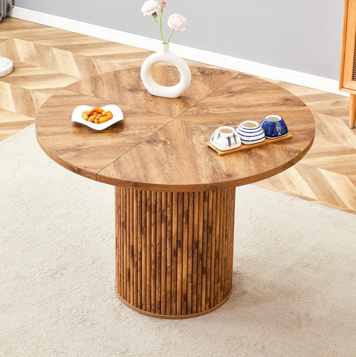 ESSTISCH aus MDF und Metall 100x100x76 cm Holzfarben mit Stauraum und runder 4-Segment-Tischplatte - Naturfarben, Holzwerkstoff (100/100/76cm) - Modfu