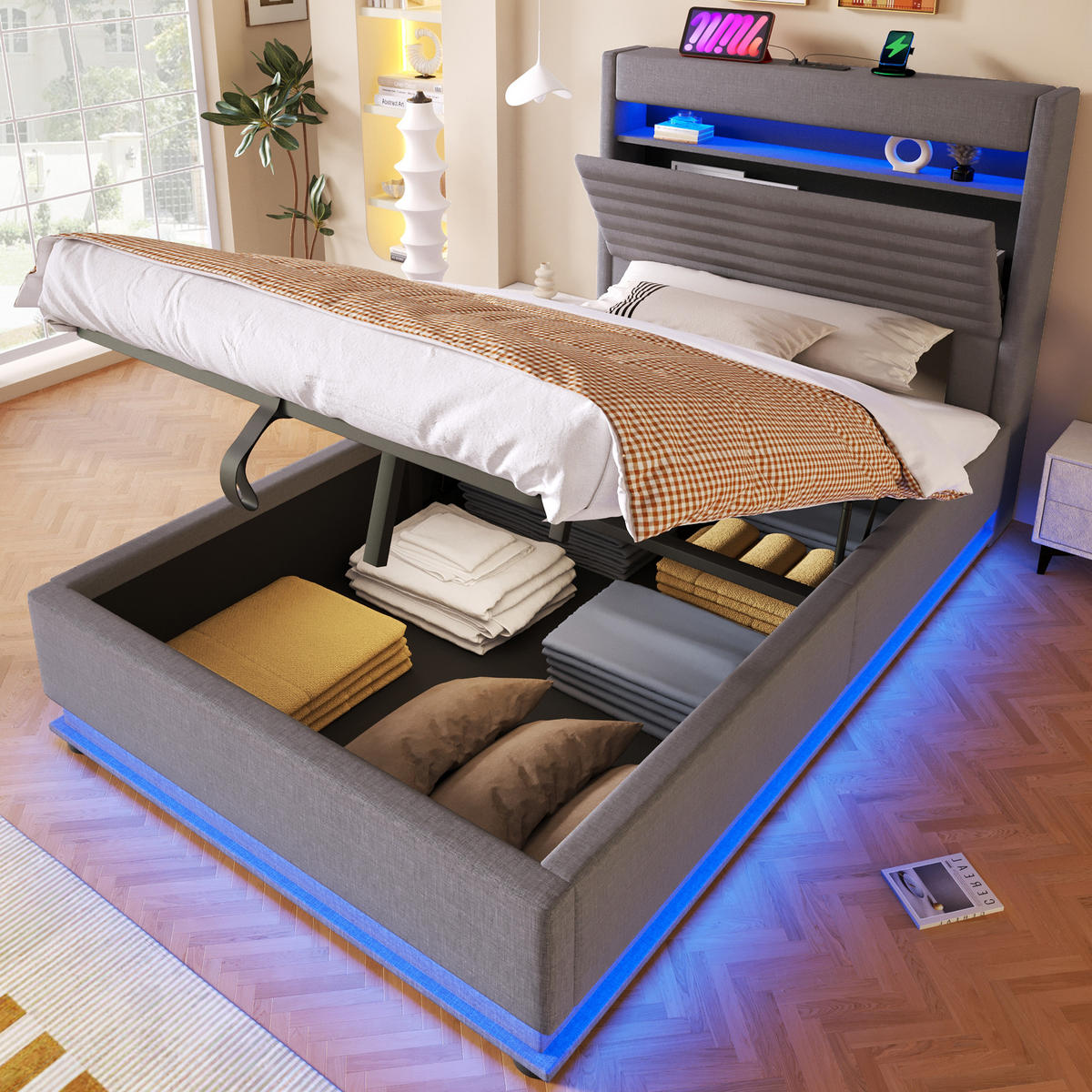 POLSTERBETT 90/200 cm in Grau mit LED, USB-C und Stauraum - Grau, Holzwerkstoff/Textil (90/200cm) - WISHDOR