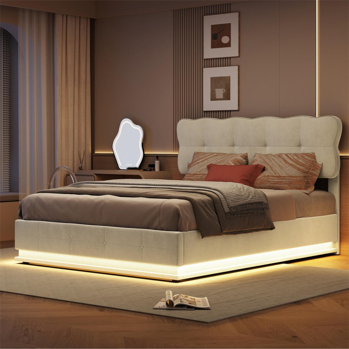 POLSTERBETT 140x200 cm mit LED-Unterbettbeleuchtung und hydraulischem Stauraum - ohne Matratze - Beige - Beige, Textil (140/200cm) - DELFA