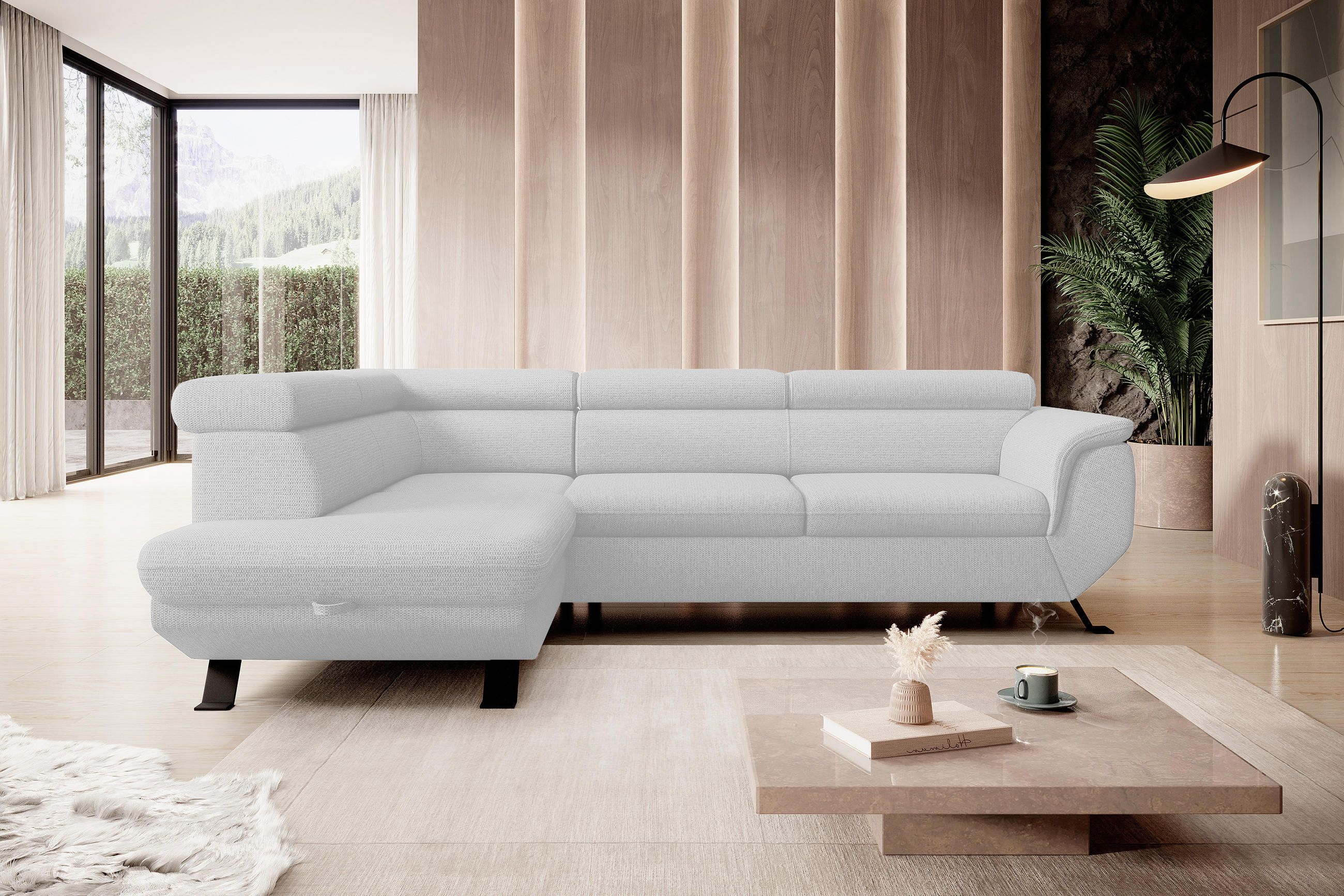 ECKSOFA RAVEN L mit Schlaffunktion und Bettkasten, Freistehend, Polstersofa mit Verstellbaren Kopfstützen, 257x198x96 cm, Linke, Weiß - Weiß, Holz/Textil (198/256cm) - DomoHome