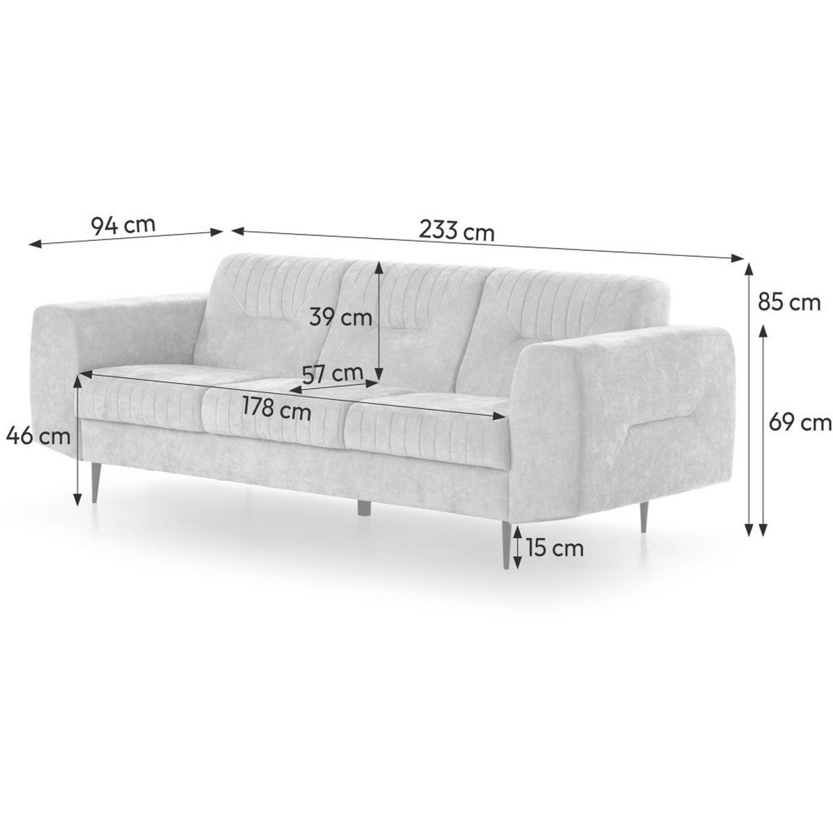 SOFA Venezia 3-Sitzer mit Metallbeinen, hellgrau, 233 cm - Hellgrau/Schwarz, Holzwerkstoff/Metall (223/85/94cm) - Beautysofa