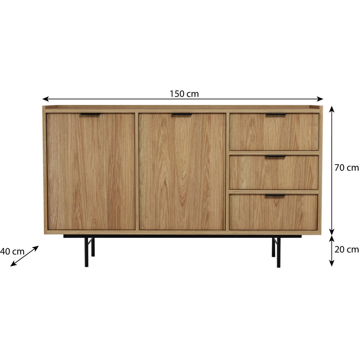 WOHNWAND Evron Kommode 150 cm TV-Board 150 cm Bücherregal 90 cm, Hikora Eiche - Eichefarben/Schwarz, Holzwerkstoff/Metall (150/90/40cm) - Beautysofa