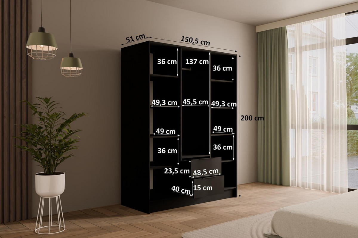 KLEIDERSCHRANK NELIA - 150 cm - Schwarz/Eiche Artisan, Holzwerkstoff (150/200/51cm) - ALTDECOR