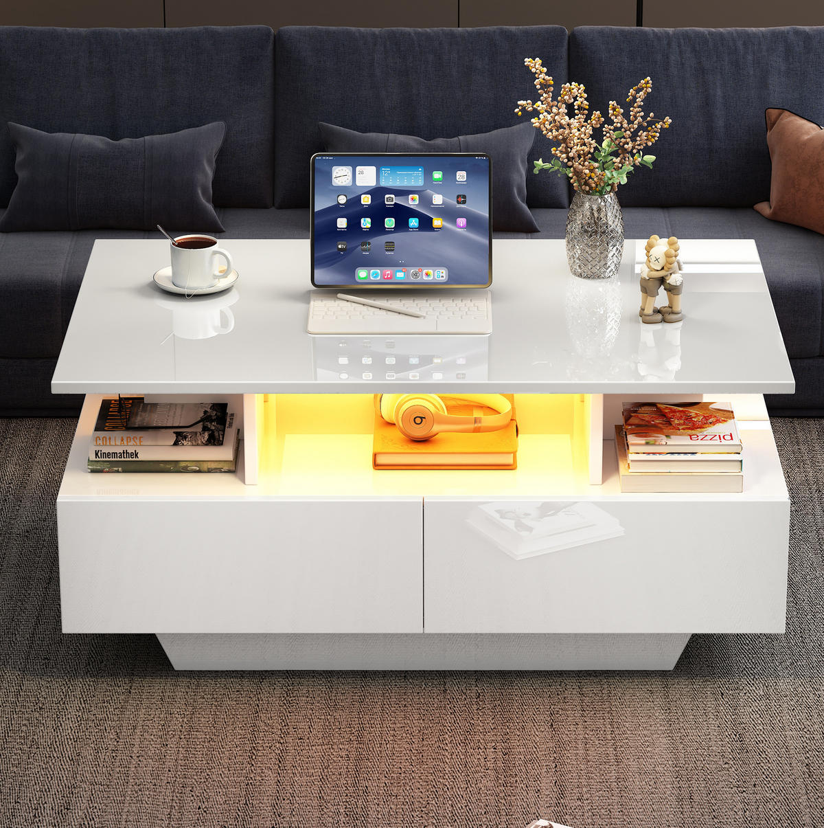 COUCHTISCH mit 2 Schubladen und LED 90x55x41 cm Hochglanz Weiß - Weiß, Holzwerkstoff (90/55/41cm) - Meubliv