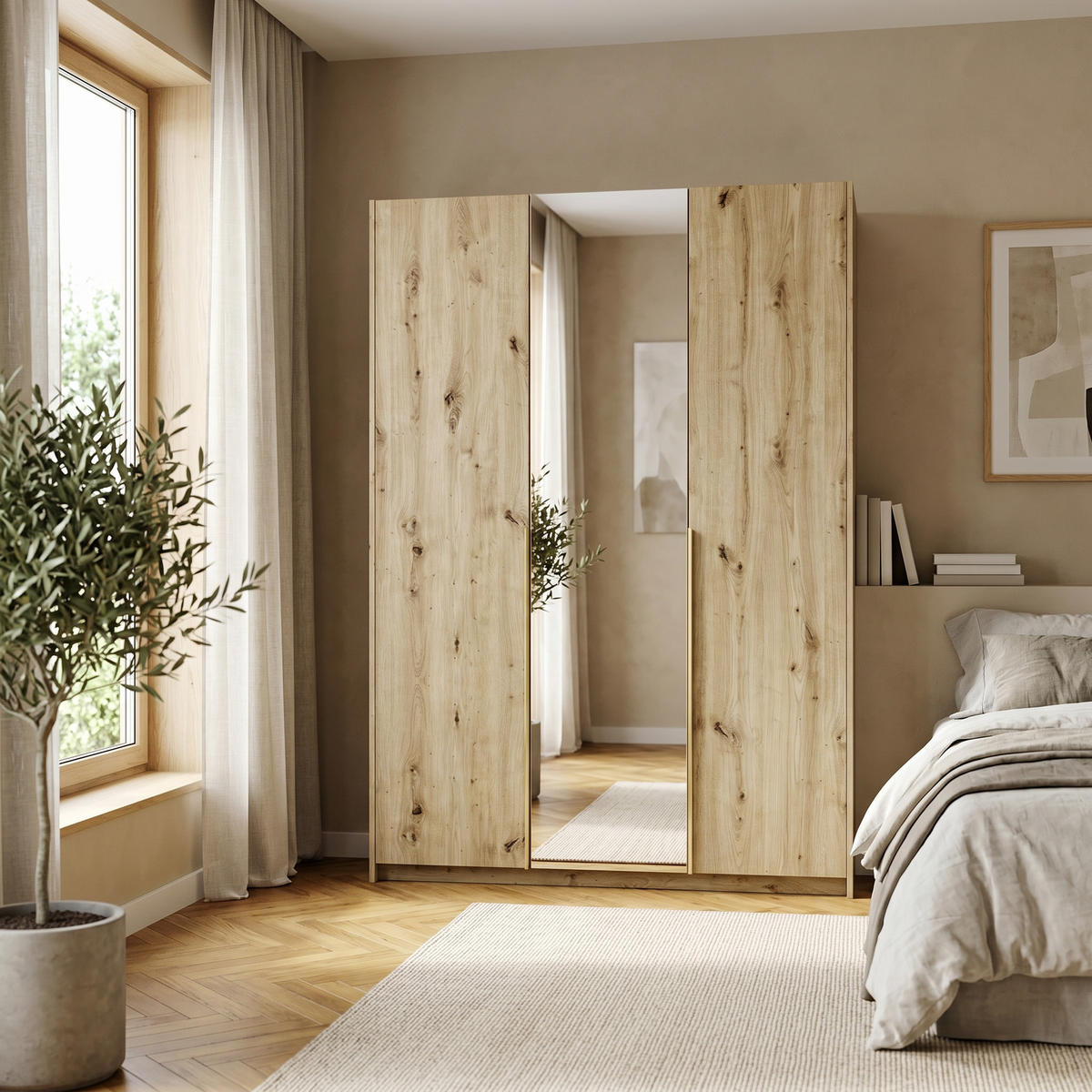 DREHTÜRENSCHRANK THALIA 148/204/58cm 3-türig mit Spiegel Eiche Artisan - Eiche Artisan, Holzwerkstoff (148/204/58cm) - MASSENO