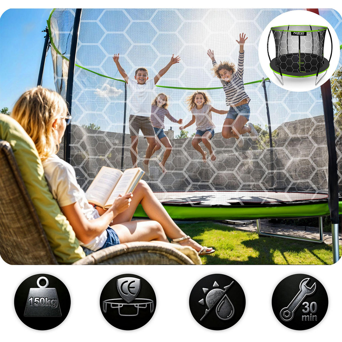 PROFILIERTES Gartentrampolin 10 ft/312 cm mit Innennetz - Grün, Metall (312/312cm)