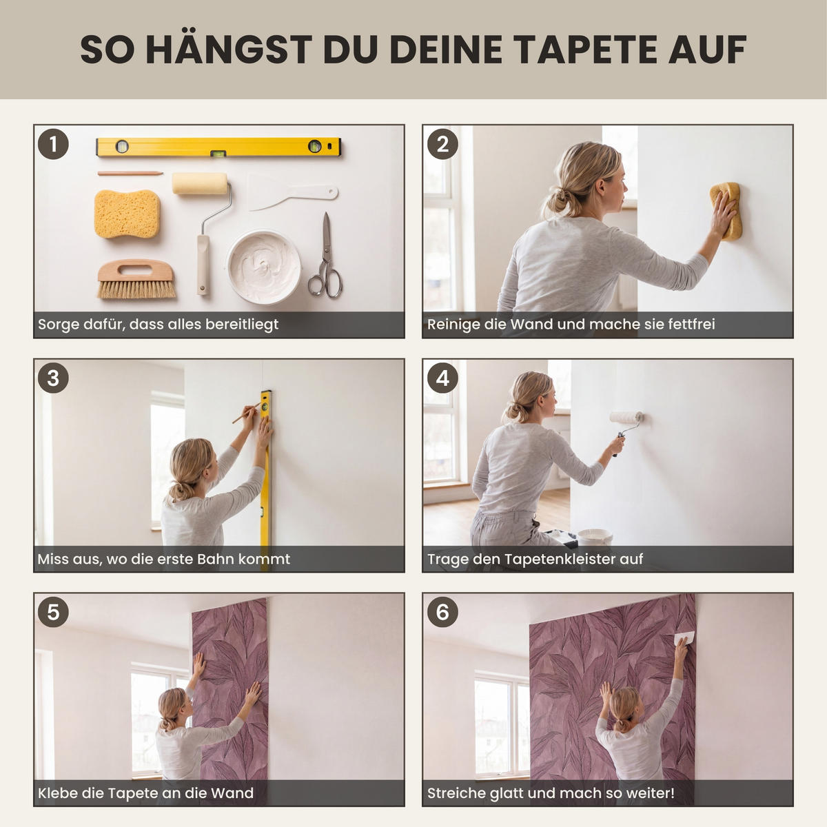 TAPETE - Blätter - Muster - Lila - 280x280 cm - Altrosa, Papier (280/280cm) - OnlyWow
