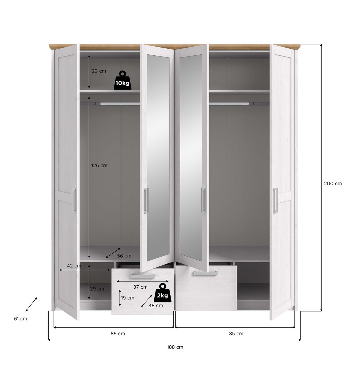KLEIDERSCHRANK weiß Lärche, Eiche Artisan Landhaus, Drehtürenschrank 4-türig mit Spiegel - Eichefarben/Silberfarben, Glas/Holzwerkstoff (188/200/61cm) - Inn.Furn