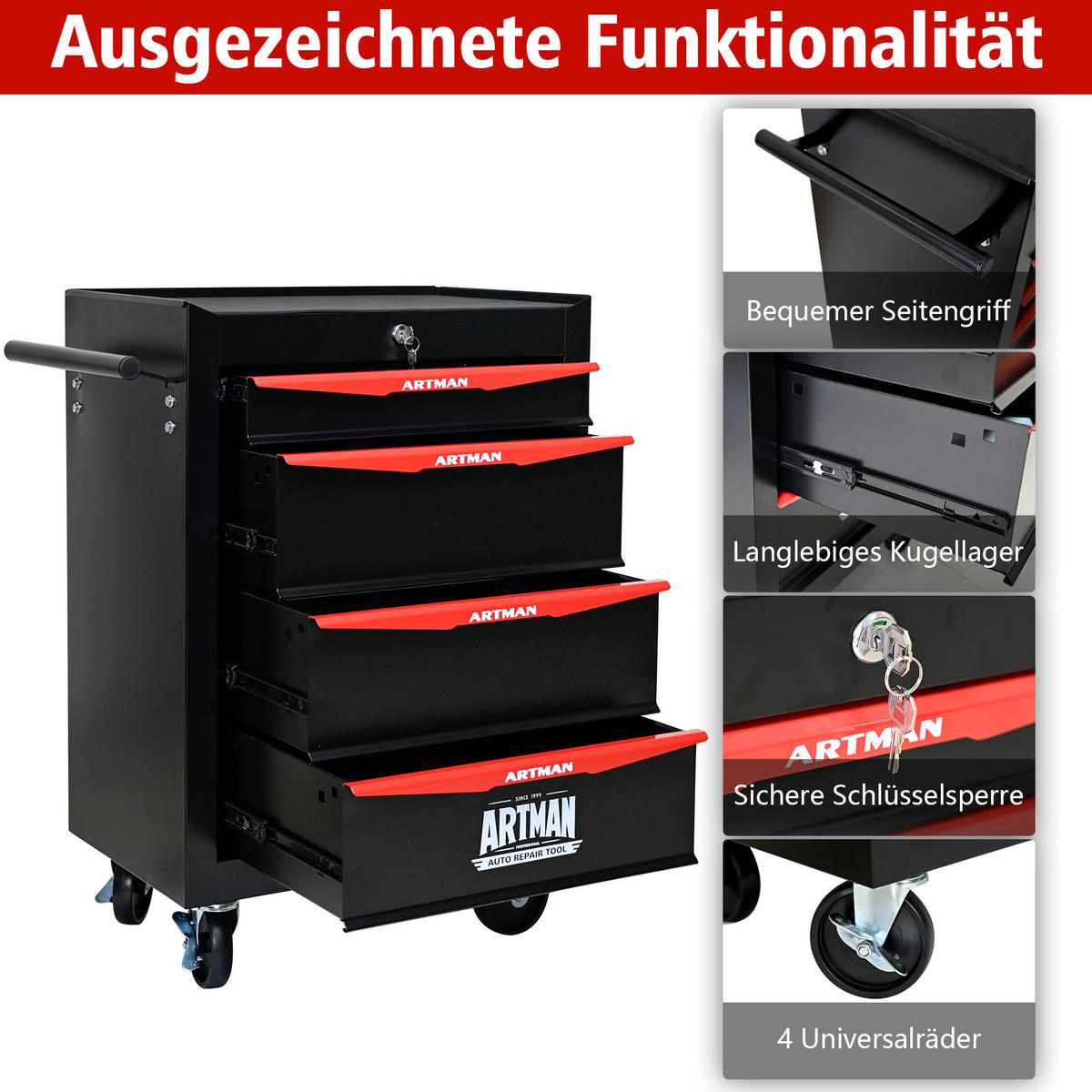 KOMBINATIONS-WERKZEUGKASTEN – 4 Schubladen – 508 mm (20 Zoll) – Farbgebung: Schwarz und Rot - Multicolor, Metall (33/77.5/60cm) - DCA