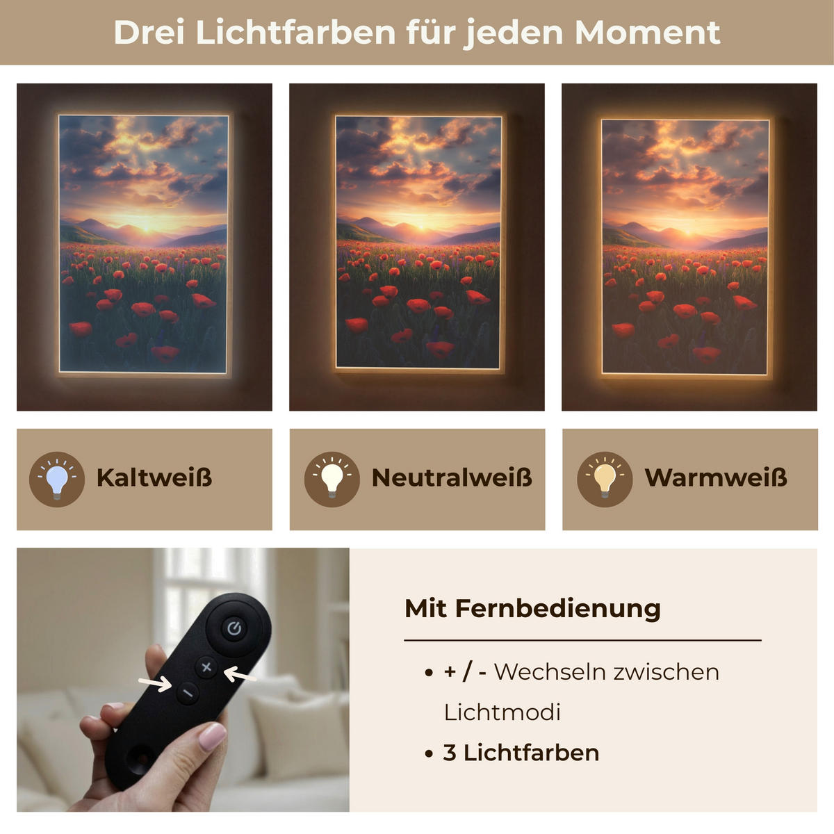 WANDLEUCHTE MIT AKKU Landschaft - Sonnenuntergang - Blumenfeld 70x100 cm - Rot, Holzwerkstoff (70/100/8cm) - OnlyWow