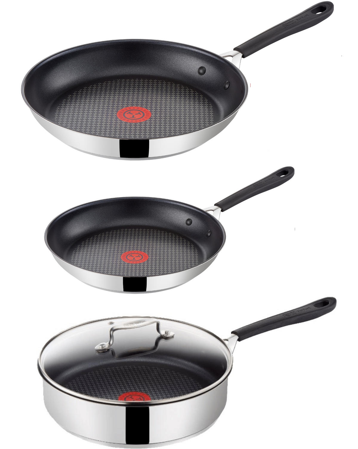 PFANNENSET E85715, 4-teilig, Induktionspfanne 20 cm, Bratpfanne 26 cm, Schmorpfanne 25 cm, Glasdeckel, 6-lagige Antihaftbeschichtung, Edelstahl - Silberfarben, Metall - Tefal