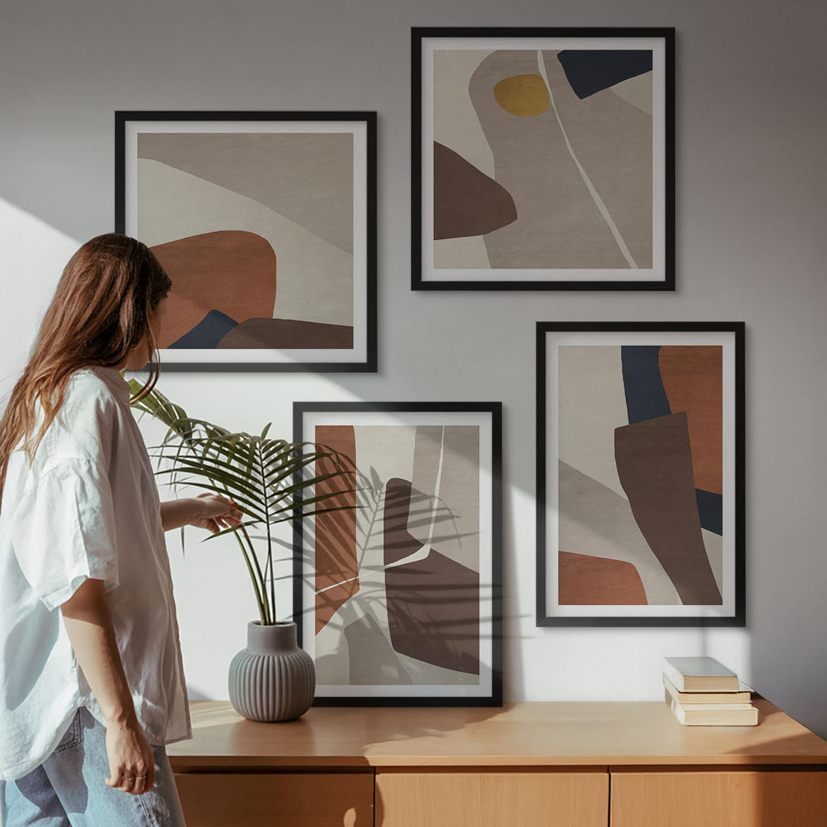 BILDER SET 4er Set - 50x50 cm & 40x60 cm Schwarzer Rahmen - Abstrakte moderne Formen - Schwarz, Kunststoff (50/50cm) - TULUP