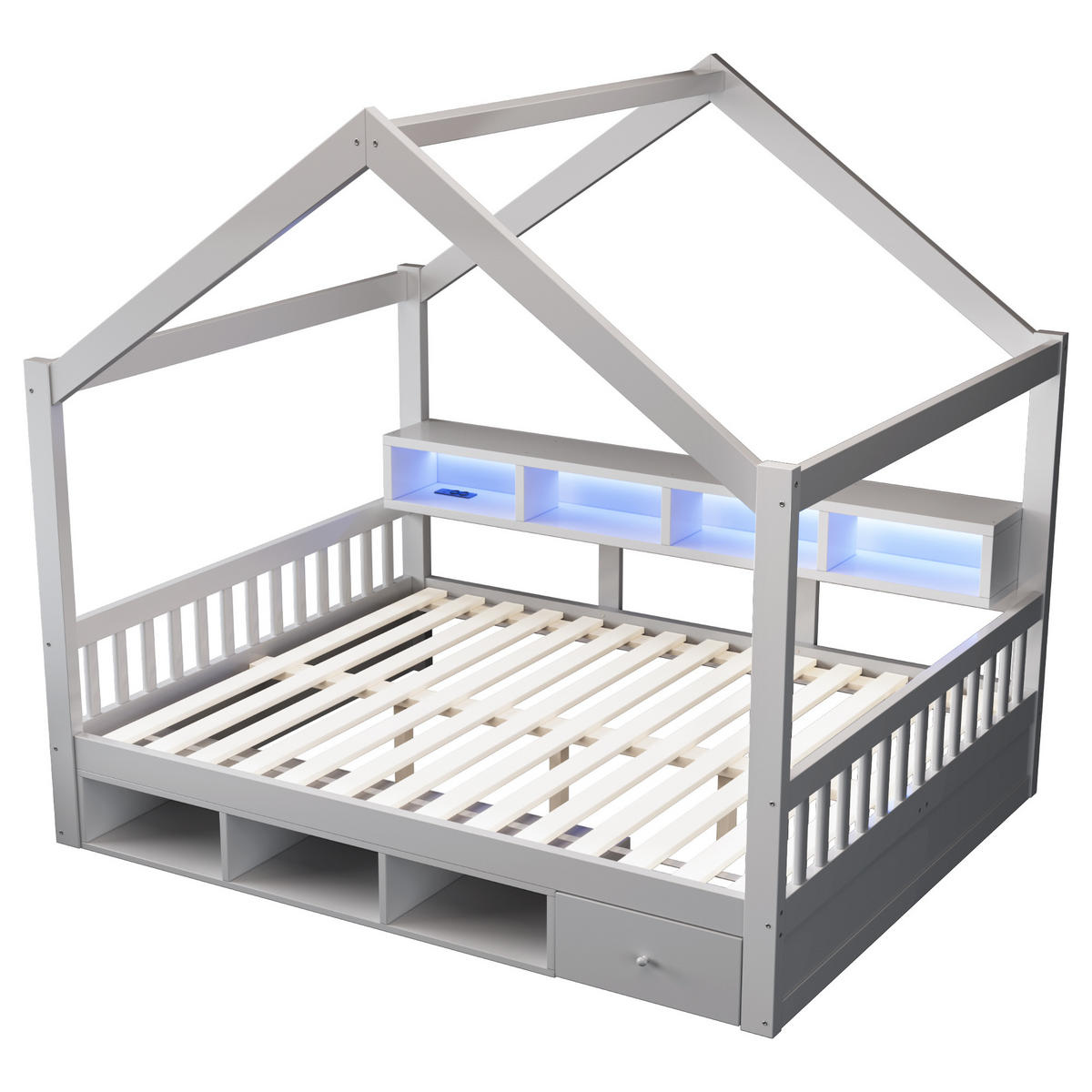 HAUSBETT 140/200 cm mit Dachrahmen und LED, DE-41651, in Grau - Grau, Holzwerkstoff (140/200cm) - ComfortXL