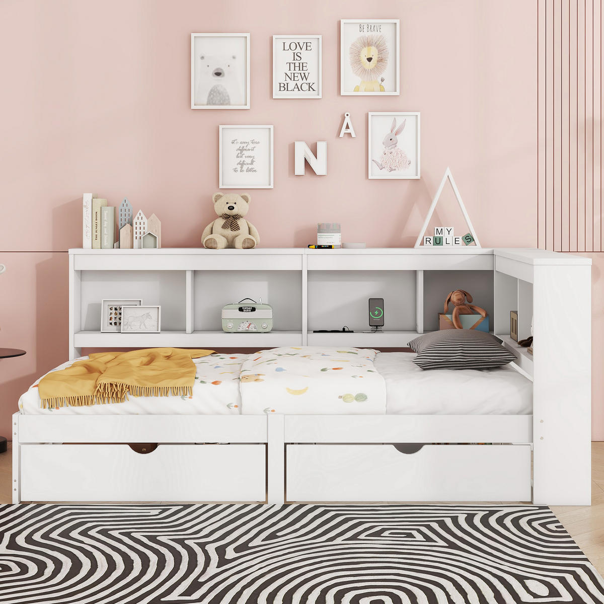 TAGEBETT 90x200cm Weiß Spanplatte 2 Schubladen Steckdose USB - Weiß, Holz (90/200cm) - FLIEKS