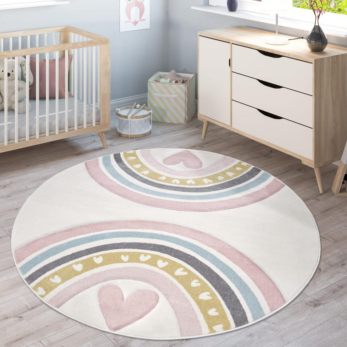 KINDERTEPPICH, mit Regenbogen- und Herz-Motiv, Rosa, Ø 200 cm - Rosa, Textil (200/200cm) - KADIMA DESIGN