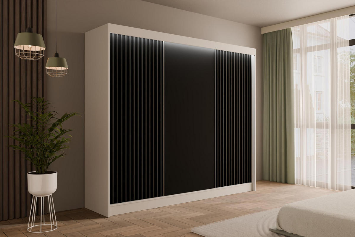 KLEIDERSCHRANK mit LED, Lamel-Schiebetüren VILANv2 - 250 cm Weiß + Lamelle schwarz - Schwarz/Weiß, Holzwerkstoff (250/215/61cm) - ALTDECOR