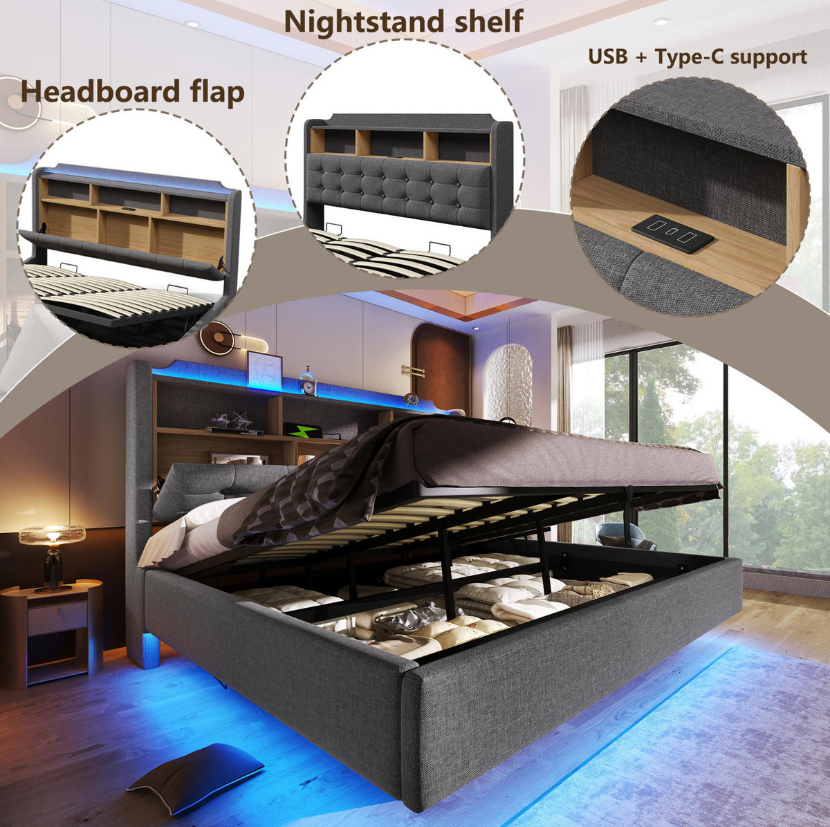 POLSTERBETT 180/200 cm aus Leinen und MDF mit LED-Lichtleiste, Grau - Grau, Textil (180/200cm) - OKMYHOME