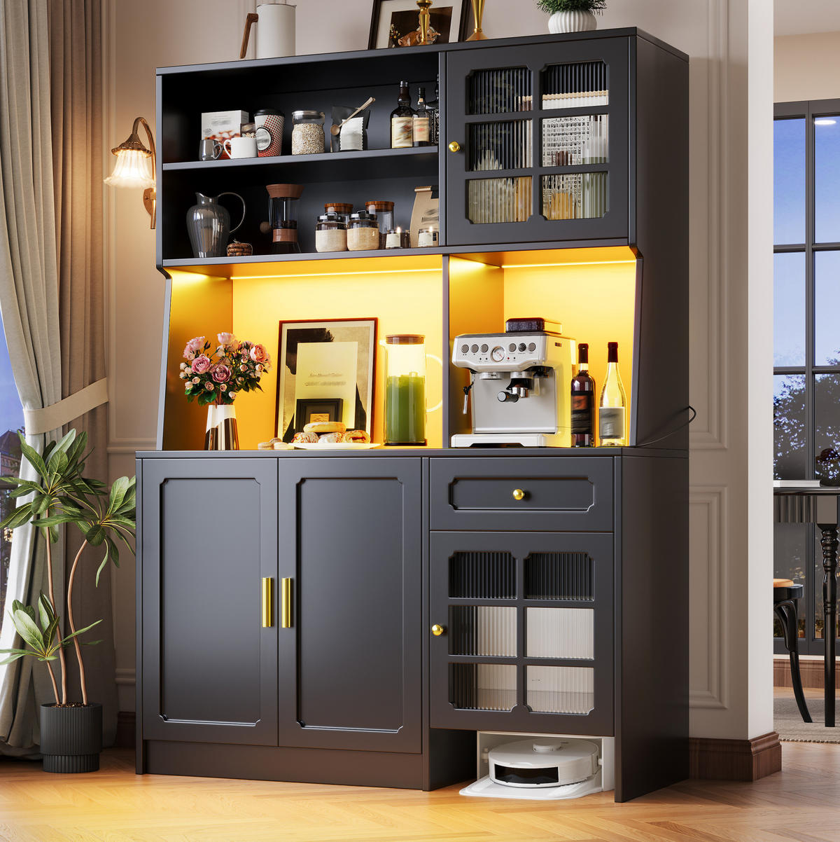 BUFFET 130/180/45 cm Schwarz aus MDF mit LED-Beleuchtung - Schwarz, Holzwerkstoff (45/180/130cm) - OKMYHOME