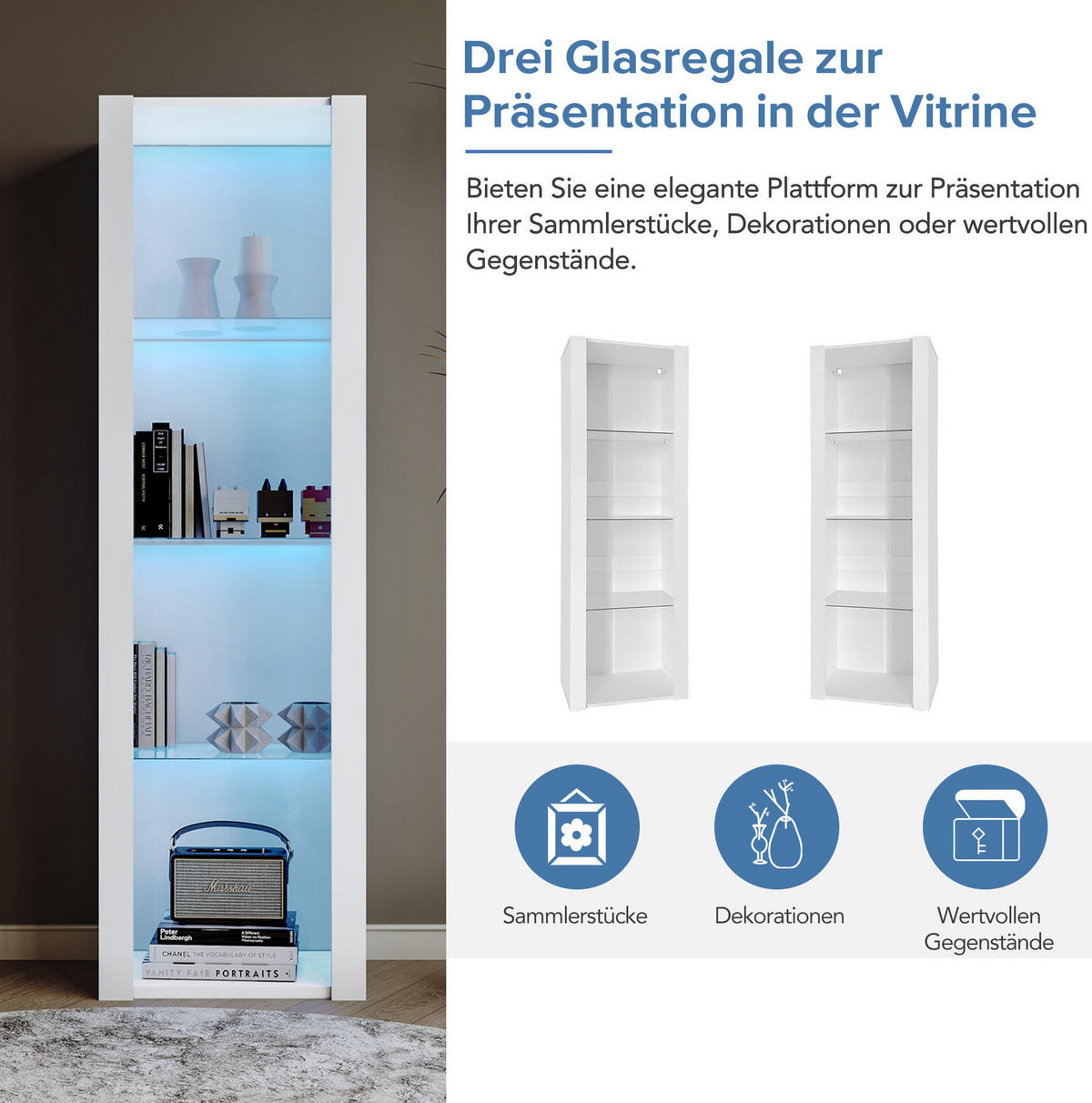 VITRINE 55/38/166 cm in Weiß Hochglanz mit LED-Beleuchtung und 3 Glasböden - Weiß, Holzwerkstoff (55/166/38cm) - Flora Grace