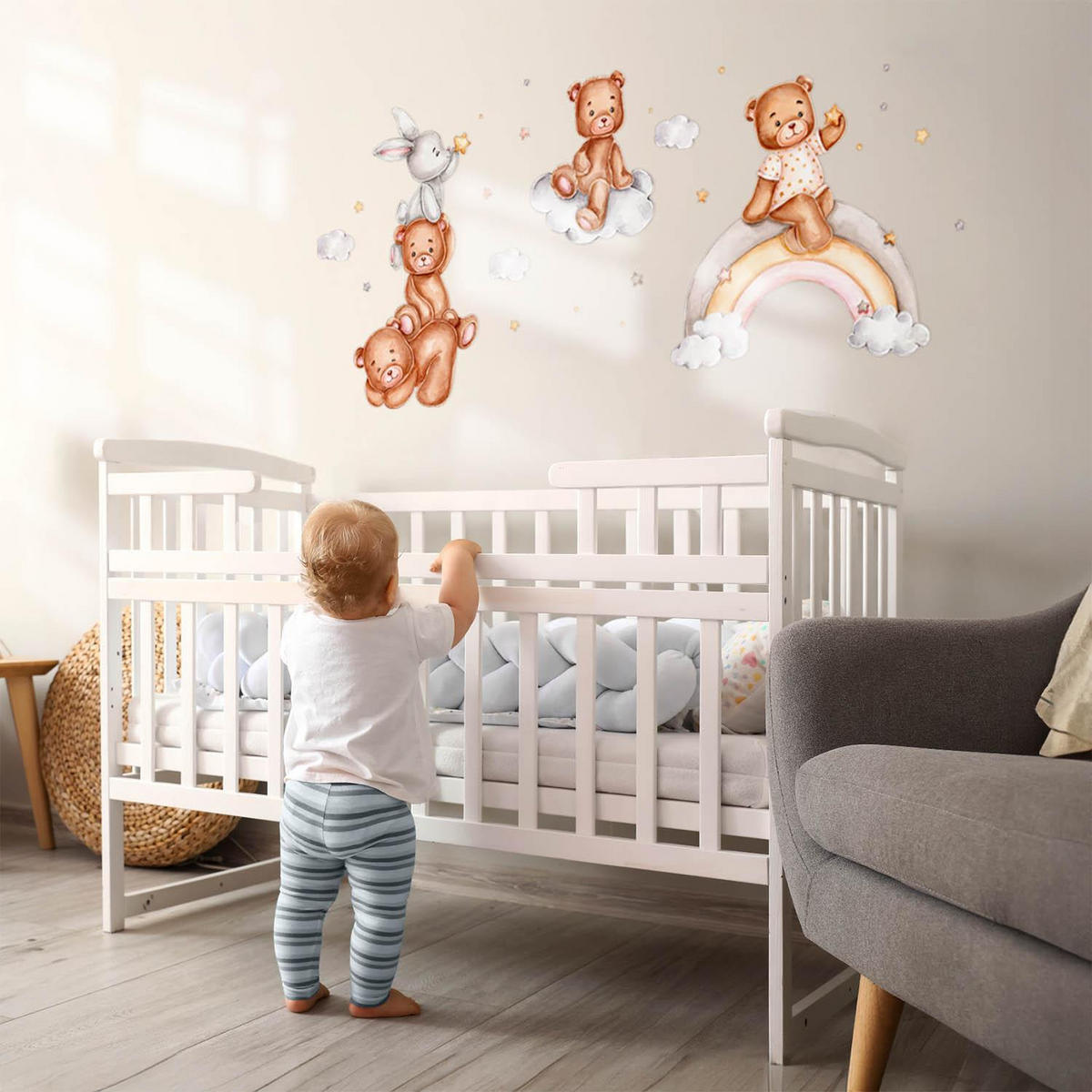 WANDAUFKLEBER 130x188cm - Teddybären und ein Kaninchen auf einem Regenbogen - Multicolor, Kunststoff (130/188/0.1cm) - Wallfluent