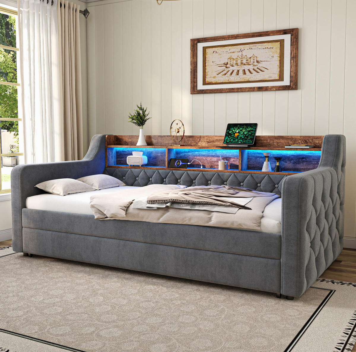 POLSTERBETT 90/180x190 cm aus Samt in Dunkelgrau mit LED und USB- und Type-C-Anschlüssen - Dunkelgrau, Textil (90/190cm) - Flora Grace