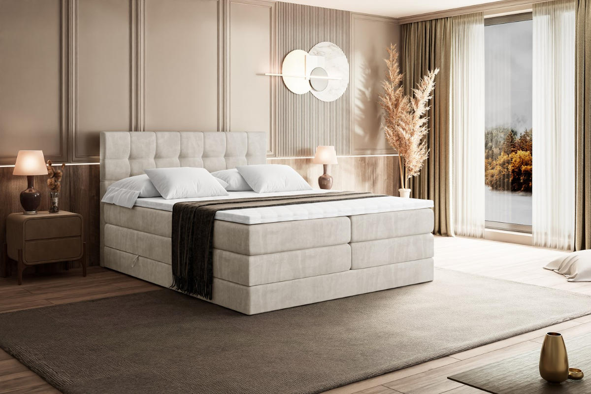 BOXSPRINGBETT BERO KING - 200x200 - H3/H4 - Ecru - Ecru, Holzwerkstoff (200/200cm) - ALTDECOR