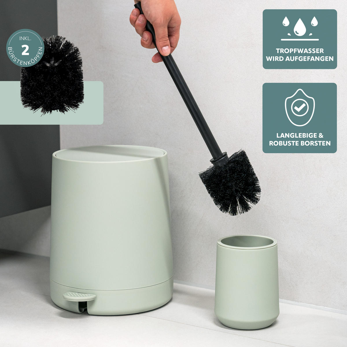 BAD-ACCESSOIRES-SET TESERO, Soft-Touch, salbei - Salbeigrün, Kunststoff (22.5/25.5/25cm) - eluno