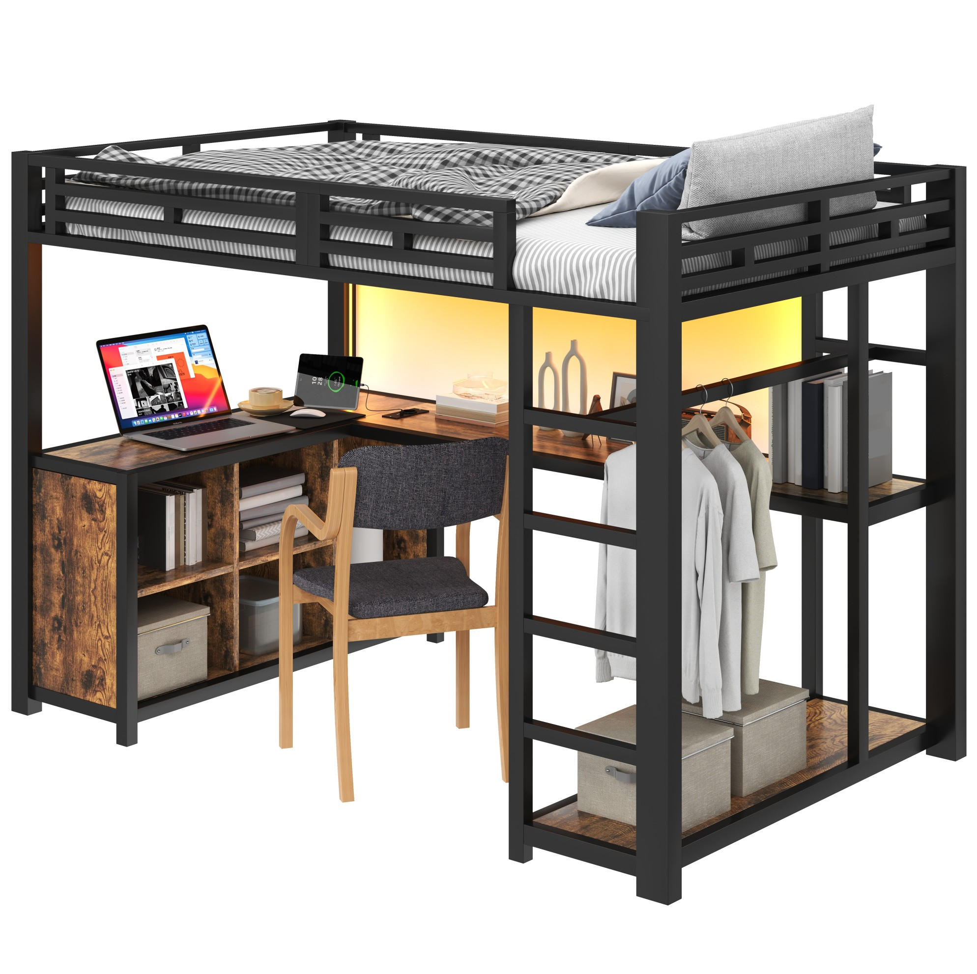 HOCHBETT 140/200 cm aus Metall und MDF mit Schreibtisch LED-Beleuchtung und Kleiderschrank Schwarz - Schwarz, Holzwerkstoff (140/200cm) - Modenvie