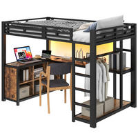 HOCHBETT 140/200 cm aus Metall und MDF mit Schreibtisch LED-Beleuchtung und Kleiderschrank Schwarz - Schwarz, Holzwerkstoff (140/200cm) - Modenvie