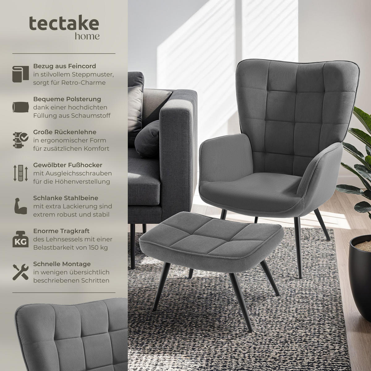 SESSEL Hygge,72 x 76 x 100,5 cm,Feincord anthrazit/schwarz - Anthrazit/Schwarz, Kunststoff (72/100.5/76cm) - tectake