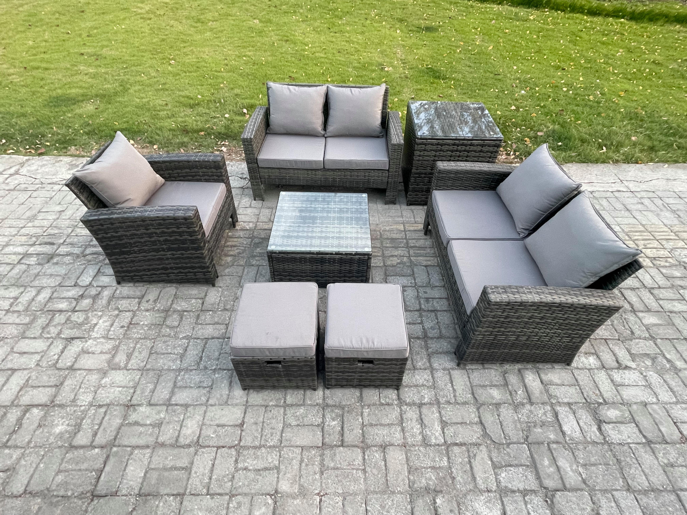 GARTENSOFA SET mit Couchtisch Polyrattan Dunkelgrau 7-Sitzer - Dunkelgrau, Metall - Fimous