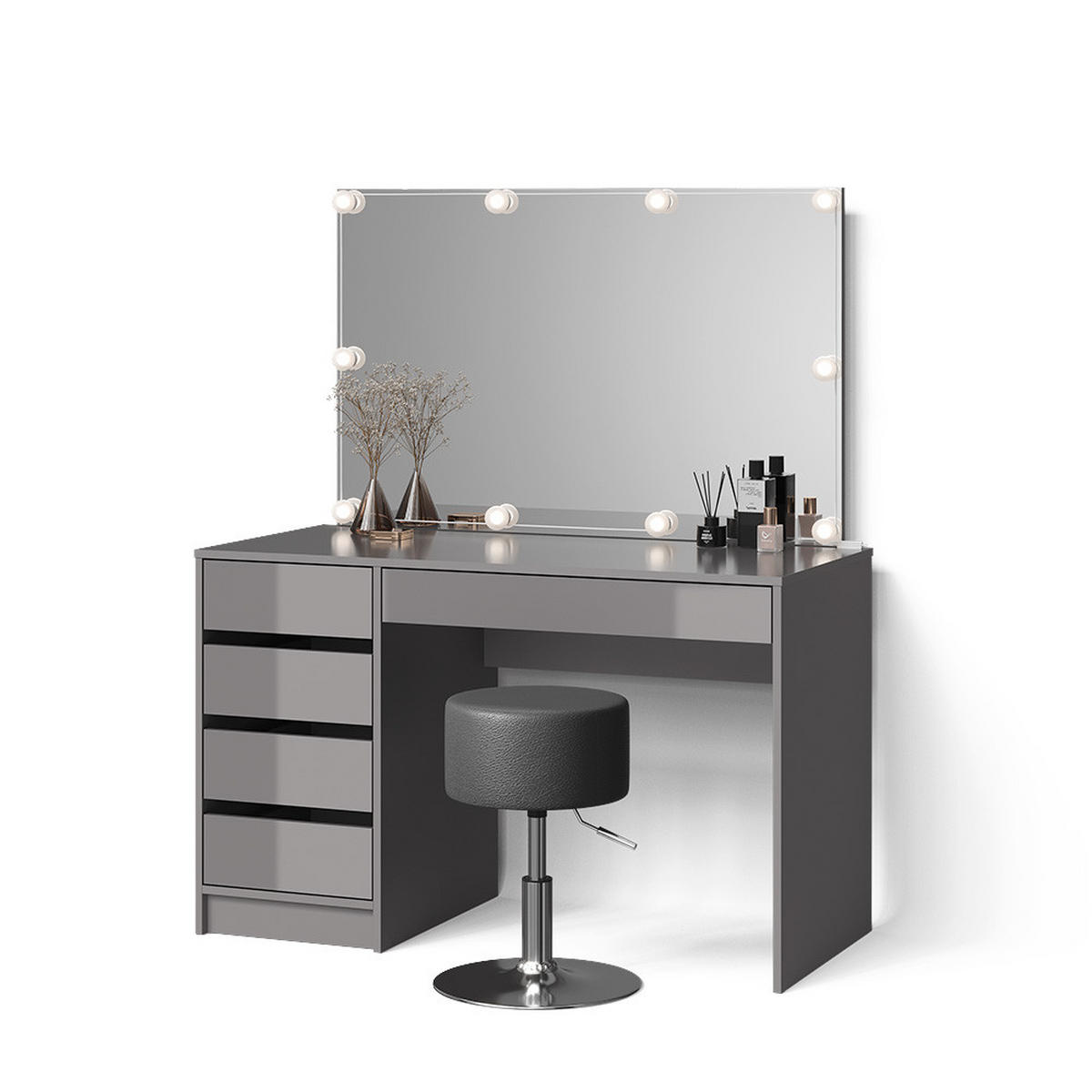 SCHMINKTISCH Imola Grau mit LED Beleuchtung und Hocker - Grau, Holzwerkstoff (120/75/55cm) - Livinity®