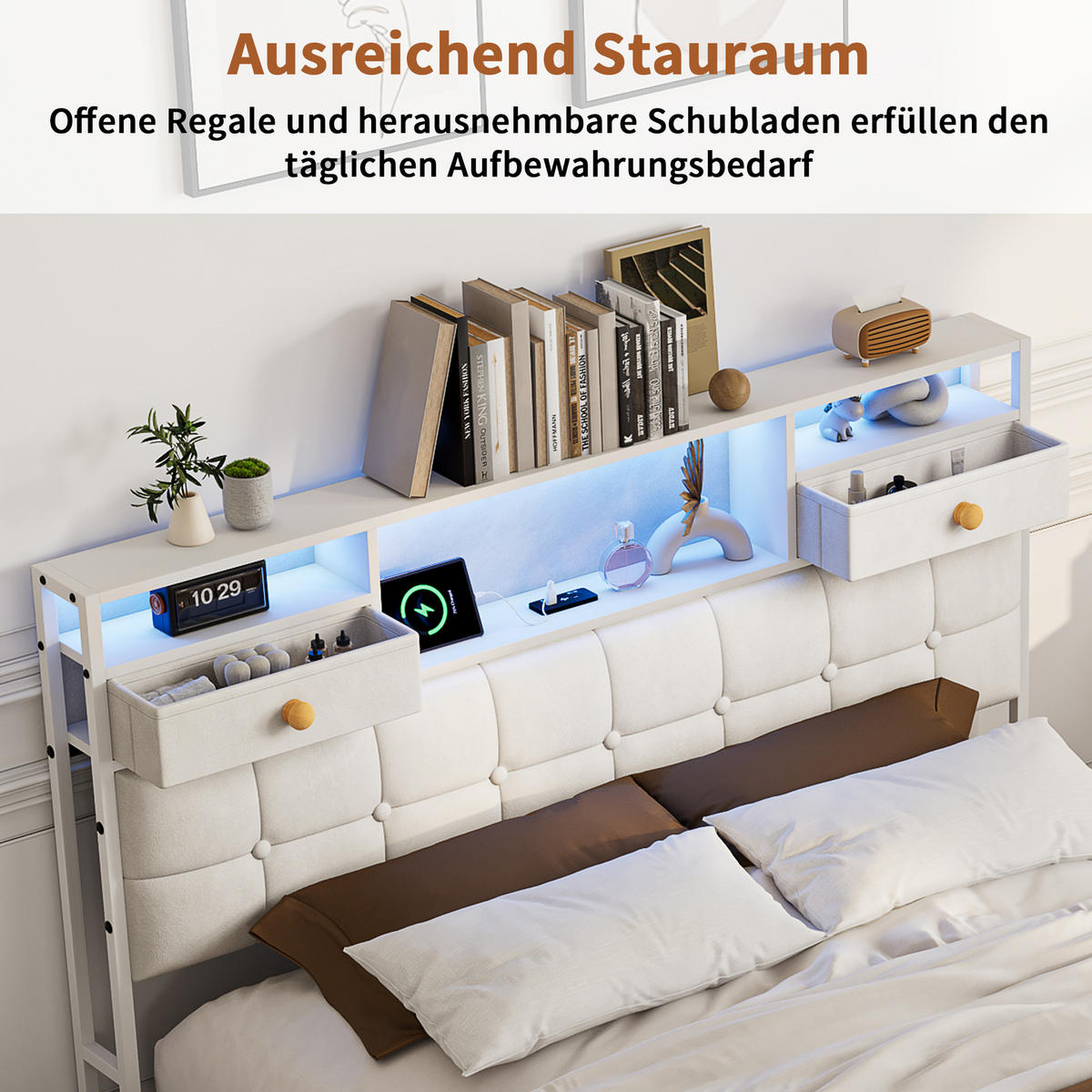 POLSTERBETT 140x200 cm Beige mit LED, USB und Type-C, Stauraumkopfteil & Bettkasten - Beige, Holz (140/200cm)