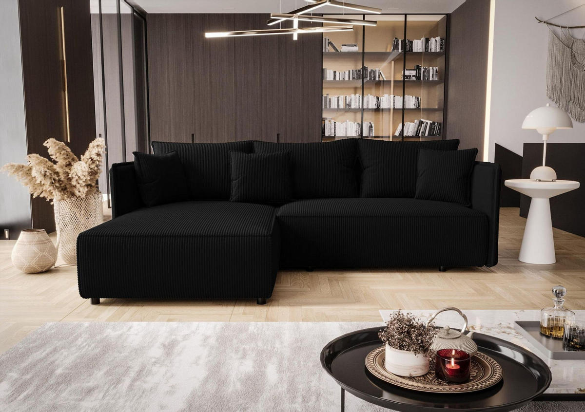 ECKSOFA MILANO links schwarz Cord Poso 135 - Schlaffunktion, Bettkasten - Schwarz, Textil (245/185cm) - Cornero