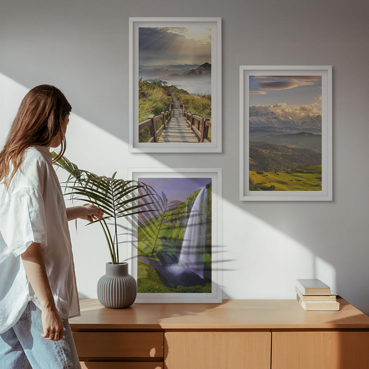 WANDBILDER 3er-Set - 40x60 cm Weißer Rahmen - Berglandschaften Wasserfall - Weiß, Kunststoff (40/60cm) - ArtPrintCave