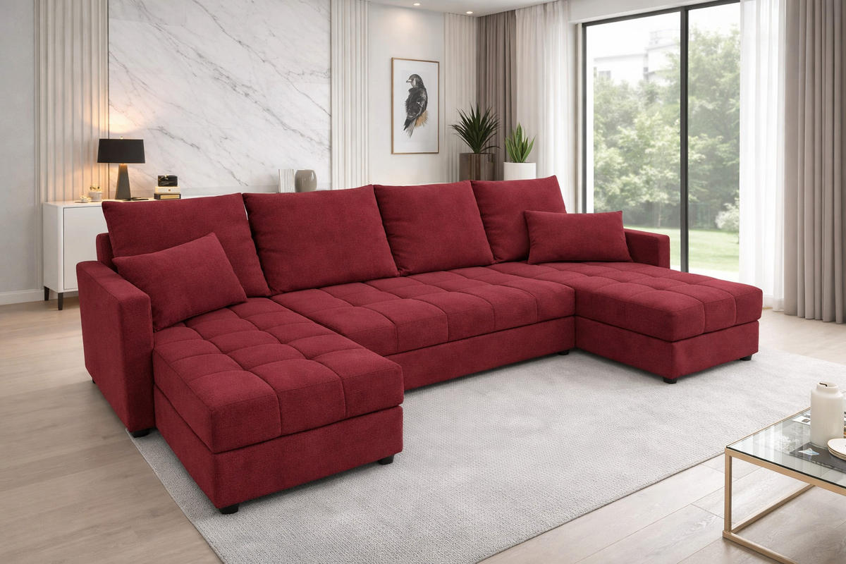 WOHNLANDSCHAFT AURELIA – Ecksofa in U-Form mit Schlaffunktion, Bettkasten & Kissen Stoff KRONOS 287 cm Rot - Rot, Kunststoff (287/140cm) - Wohnideebilder