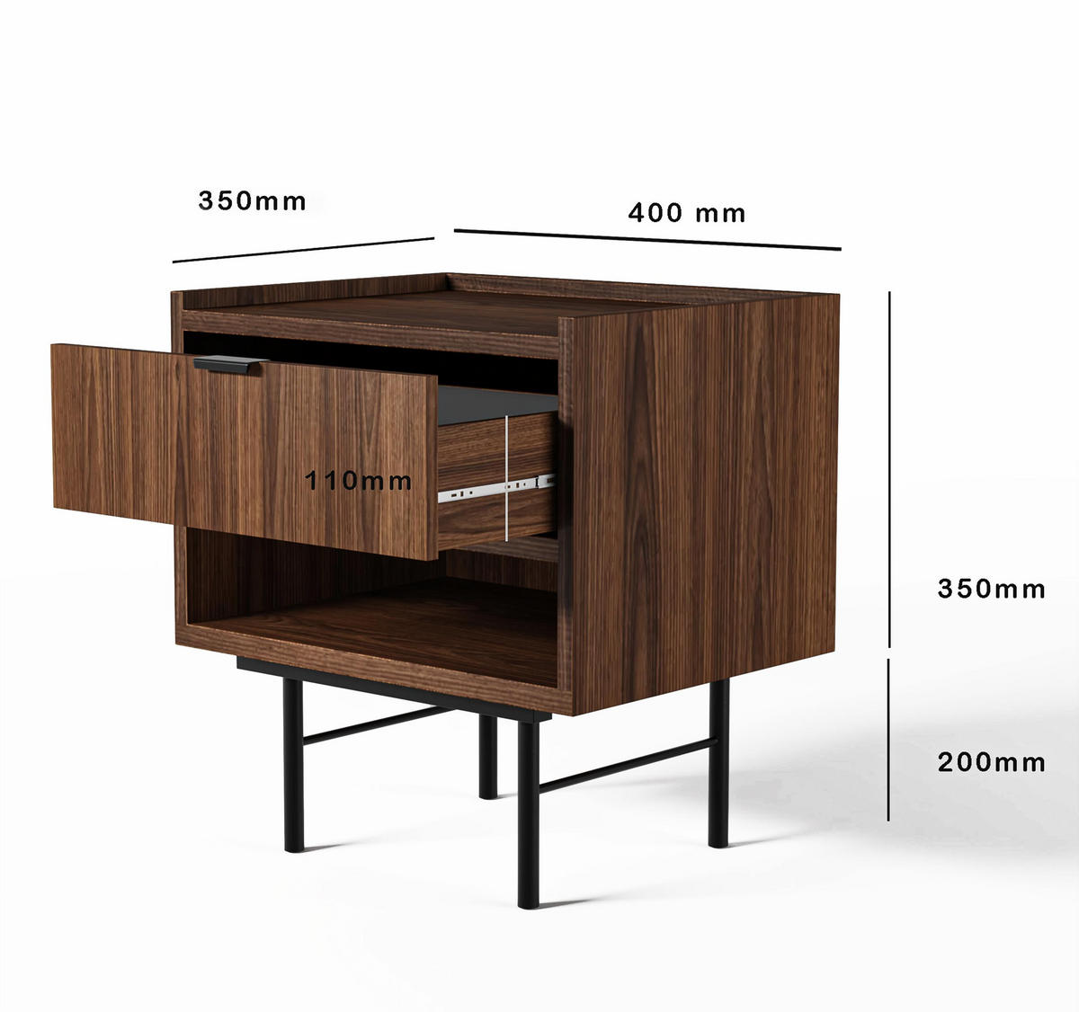 NACHTTISCH Nordiva 1S Warmia Walnut 40/55/35 cm – Metallgestell - Walnussfarben/Schwarz, Holzwerkstoff/Metall (40/55/35cm) - AX Living