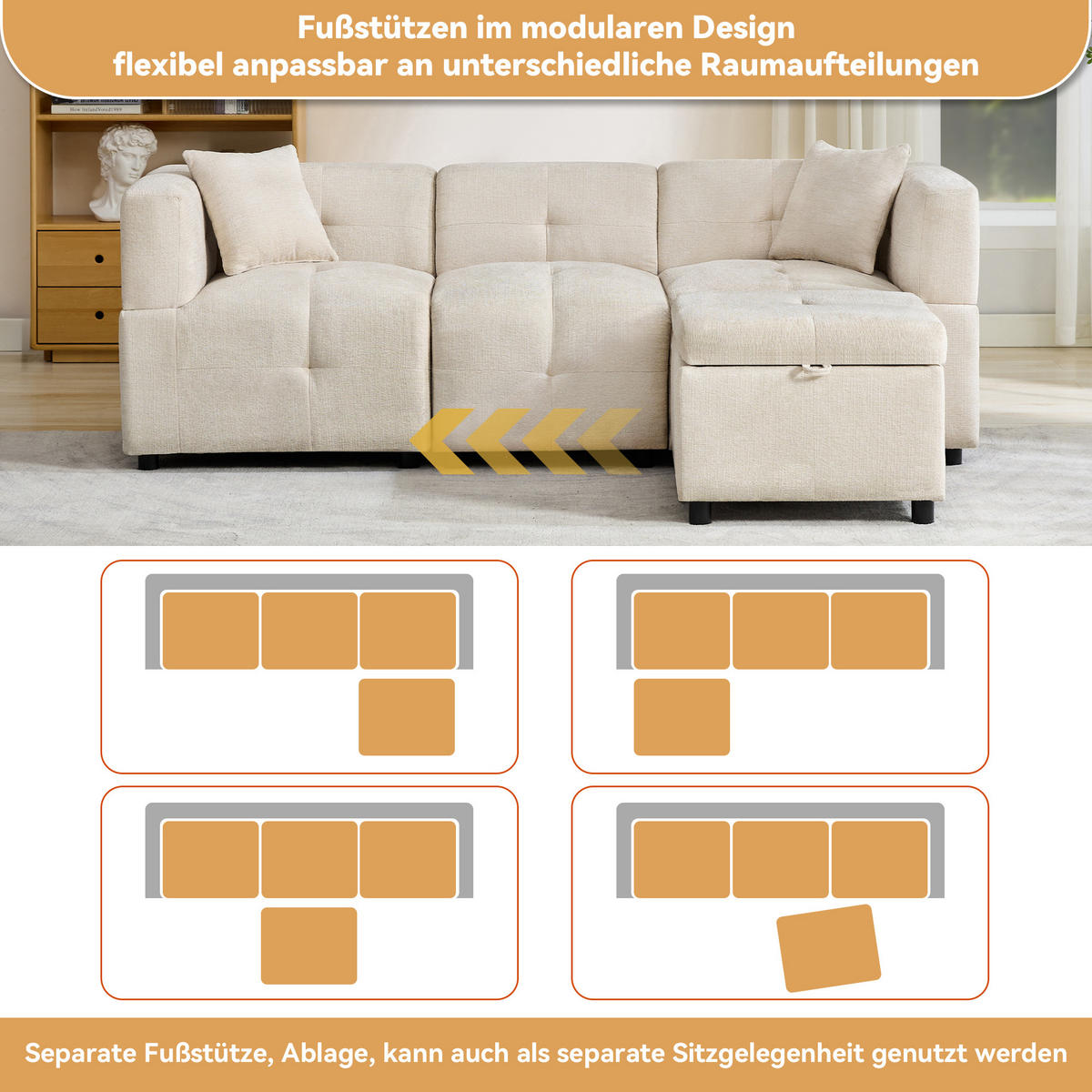 3-SITZER Ecksofa Chenille mit Stauraum-Fußhocker und 2 Kissen 204/126/69 cm Beige - Beige, Kunststoff/Textil (126/204cm) - Redom